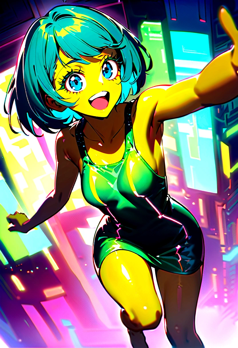 Woman with yellow skin, simple low-cut dress with yellow miniskirt with glitter, metallic green dress with strap print, metallic blue hair, small breasts, beautiful legs, large eyes, cyberpunk background, big green eyelashes, barefoot , long legs, too happy, short hair