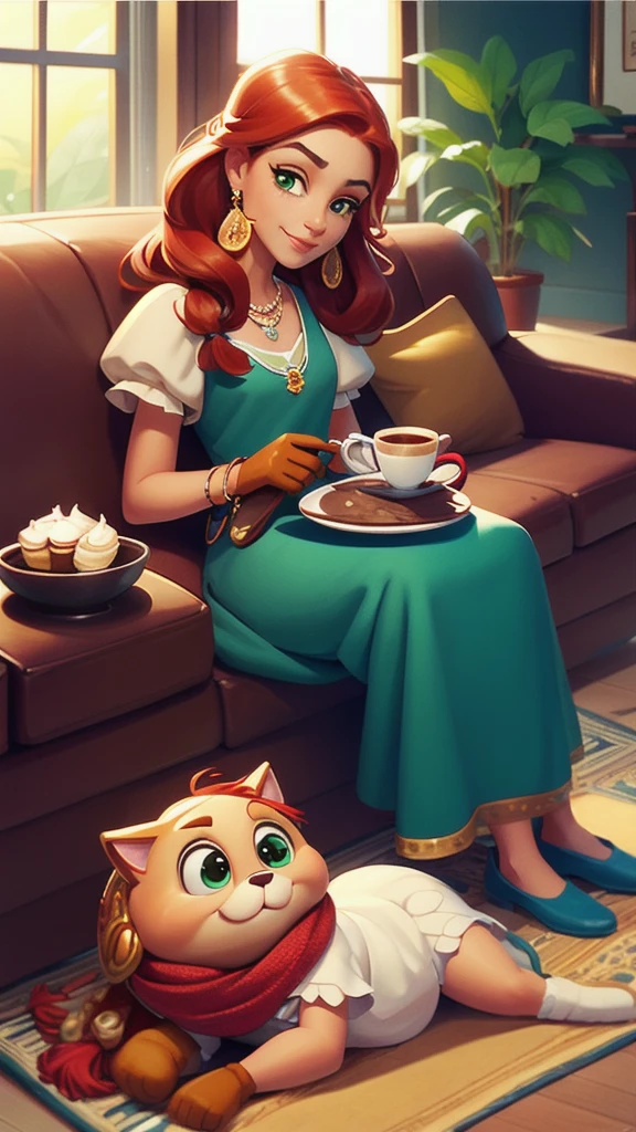 Concept Art,character illustration of a,European and American cartoons,(whole body:1.5),Mid-Long View,carpet,(Puppy lying on the floor),shoe,一个20岁的金发女生悠闲的sit在living room,Holding a cup of coffee,A laid-back expression,Relax,Leisure,European and American cartoons,1 Girl,freckle,Solitary,Jewelry,Green Eyes,Weaving,earrings,twin Weavings,necklace,Looking at the audience,Red hair,plant,Puff sleeves,bracelet,Smile,Long hair,puffy short sleeve,Necklace,dress,flower,Coffee cup,Gloves,earrings,Jewelry,肘部Gloves,cup,sit,sofa,window,cake,小cake,sofa,living room,solo
