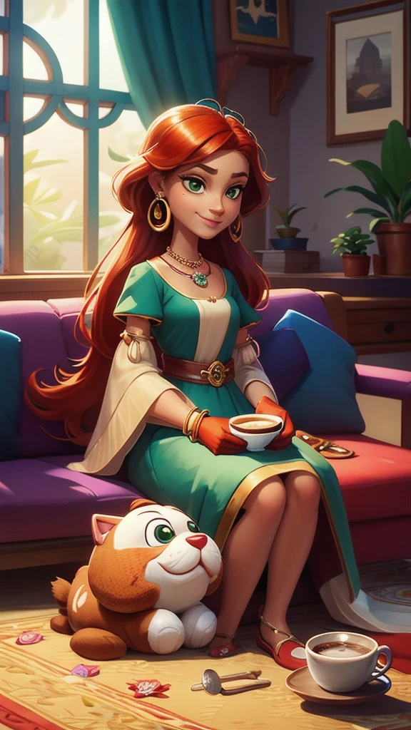 Concept Art,character illustration of a,European and American cartoons,(whole body:1.5),Mid-Long View,carpet,(Puppy lying on the floor),shoe,一个20岁的金发女生悠闲的sit在living room,Holding a cup of coffee,A laid-back expression,Relax,Leisure,European and American cartoons,1 Girl,freckle,Solitary,Jewelry,Green Eyes,Weaving,earrings,twin Weavings,necklace,Looking at the audience,Red hair,plant,Puff sleeves,bracelet,Smile,Long hair,puffy short sleeve,Necklace,dress,flower,Coffee cup,Gloves,earrings,Jewelry,肘部Gloves,cup,sit,sofa,window,cake,小cake,sofa,living room,solo