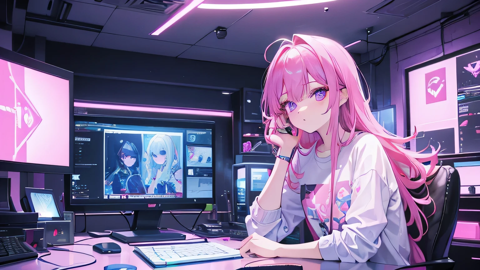 a cute air-haired woman, streamer, gamer, streamer's workplace, pink and violet, neon, 3D, streamer's room, multiplication, girly room, cute room, light, beautiful detailed eyes, beautiful detailed lips, extremely detailed eyes and face, long eyelashes, photorealistic, highly detailed, 8k, masterpiece, studio lighting, vivid colors, neon lights, gaming setup, desk, computer, streaming equipment, soft lighting, pastel colors, cute decor, plushies, gaming peripherals, cozy atmosphere, professional illustration