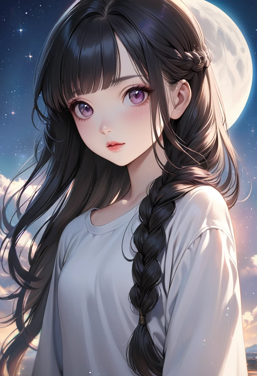 A beautiful woman with long hair wearing a white shirt, cute anime-style face, realistic anime girl, Chisato, black hair with bangs, Kurumi, cute and delicate face, young cute pale Asian face, Sakimichan, midday moon and stars in the sky, female, braid, The hair is braided