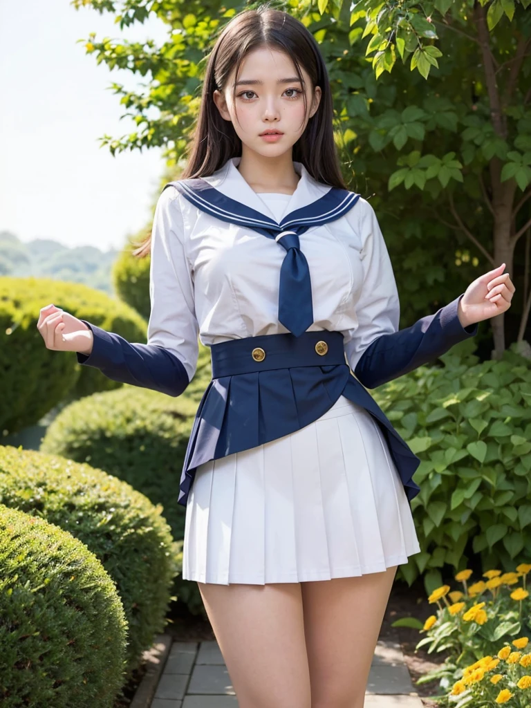 Junior high school girl standing,Beautiful Face,Ultra HD,Perfect Face,From the thigh up,Beautiful girl,garden,slim,Standard color sailor uniform,The miniskirt is twisted,Big Tits,Thick thighs