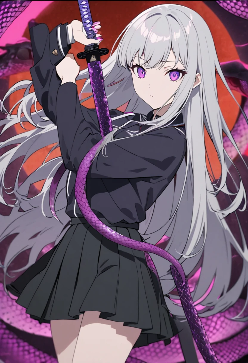 Flat style,Japanese anime style,(((1 beautiful girl,Silver long hair,Smooth skin,Black pleated skirt))),Katana in hand,Elegant dynamic pose,Dynamic Blur,Red Moon,Dark purple tones,Mysterious and elegant atmosphere,(((Purple fluorescent python snake skeleton background)))