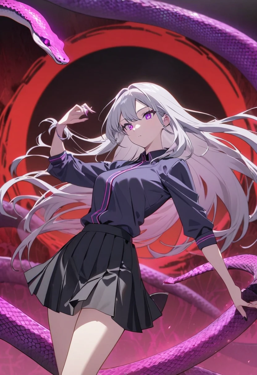 Flat style,Japanese anime style,(((1 beautiful girl,Silver long hair,Smooth skin,Black pleated skirt))),Katana in hand,Elegant dynamic pose,Dynamic Blur,Red Moon,Dark purple tones,Mysterious and elegant atmosphere,(((Purple fluorescent python snake skeleton background)))