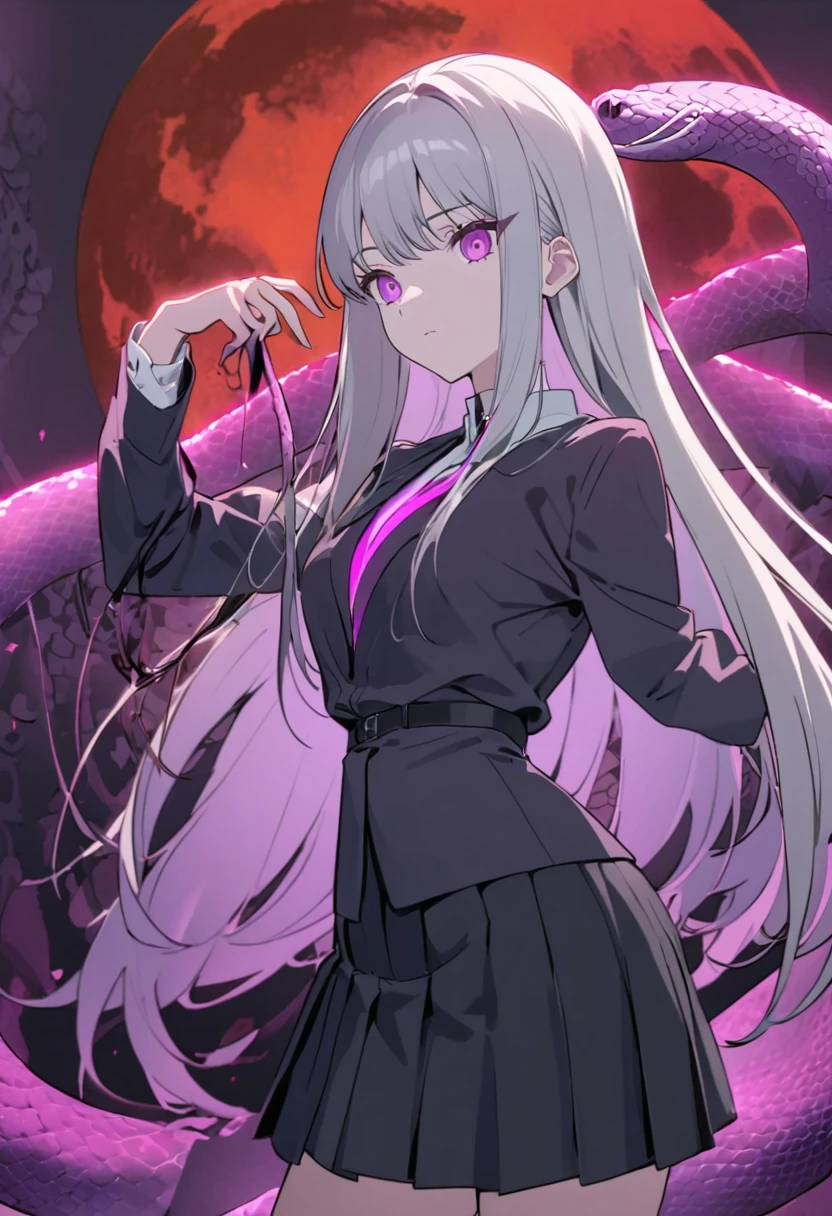 Flat style，Japanese anime style，(((1 beautiful girl，Silver long hair，Smooth skin，Black pleated skirt)))，Katana in hand，Elegant dynamic pose，Dynamic Blur，Red Moon，Dark purple tones，Mysterious and elegant atmosphere，(((Purple fluorescent python snake skeleton background)))
