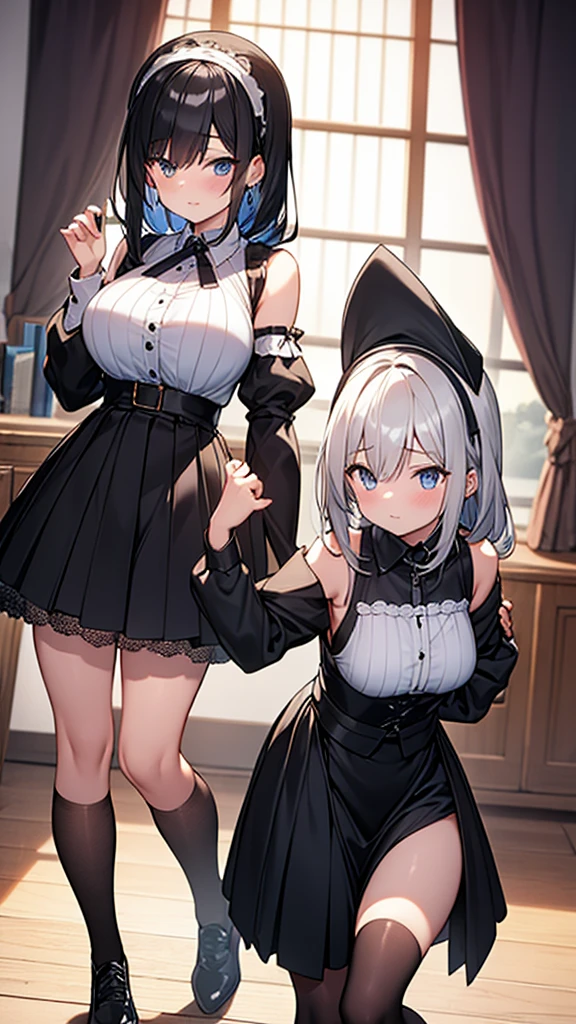 (cute eyes:1.3), (sparkling eyes:1.2), highest quality,wonderful,finely,extremely detailed CG Unity 8K wallpaper, (2 Girls), (white hair, pink eyes, short hair, straight hair, nekomimi, (clothed)), (skinny body:1.3),(huge breasts), (nun:1.2), golden pattern cheongsam), (cum on nipple:1.2),(torn clothes:1.2) (open mouth:1.1), (embarrassed:1.1), (Black knee socks:1.1),(Thighs:1.2),(Waistline:1.2), (from above:1.2)