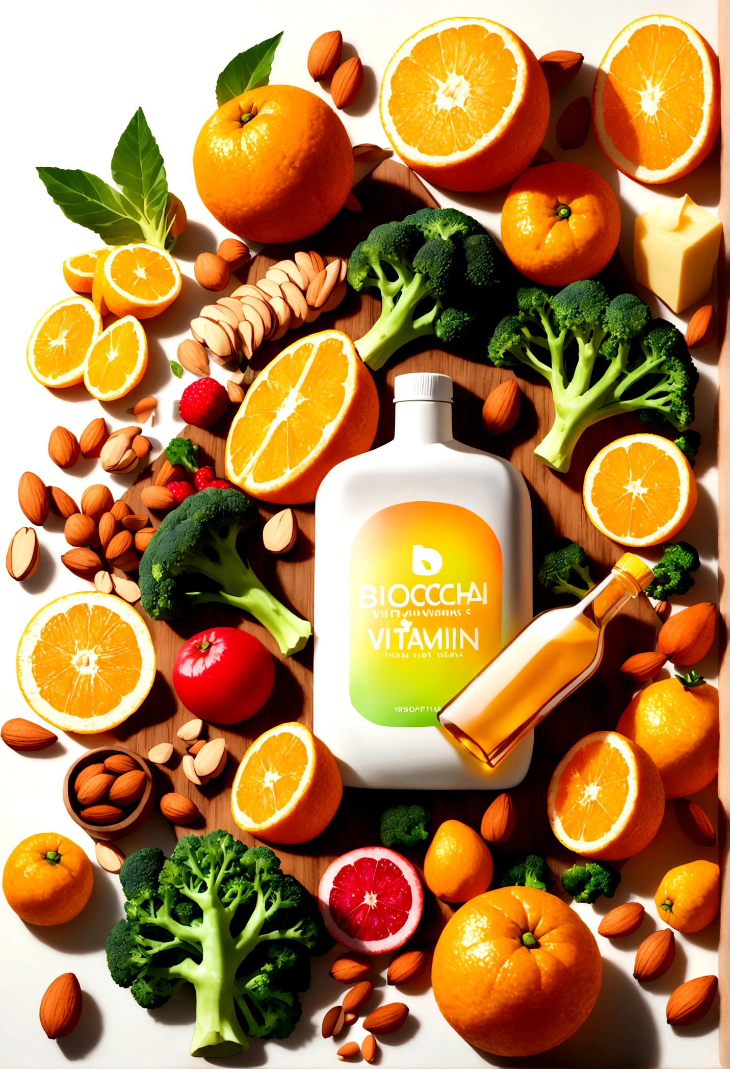 A sleek, modern bottle labeled 'Biocap Vitamin' with vibrant colors, showcasing a burst of assorted fruits and vegetables, representing multivitamins and multiminerals. The bottle is surrounded by fresh, healthy foods like oranges, broccoli, and almonds, all set against a clean, white background. The image exudes a sense of health, vitality, and wellness, side elevation view