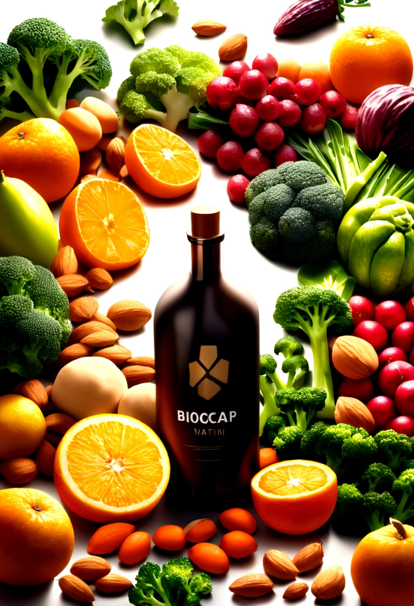 A sleek, modern bottle labeled 'Biocap Vitamin' with vibrant colors, showcasing a burst of assorted fruits and vegetables, representing multivitamins and multiminerals. The bottle is surrounded by fresh, healthy foods like oranges, broccoli, and almonds, all set against a clean, white background. The image exudes a sense of health, vitality, and wellness, side elevation view