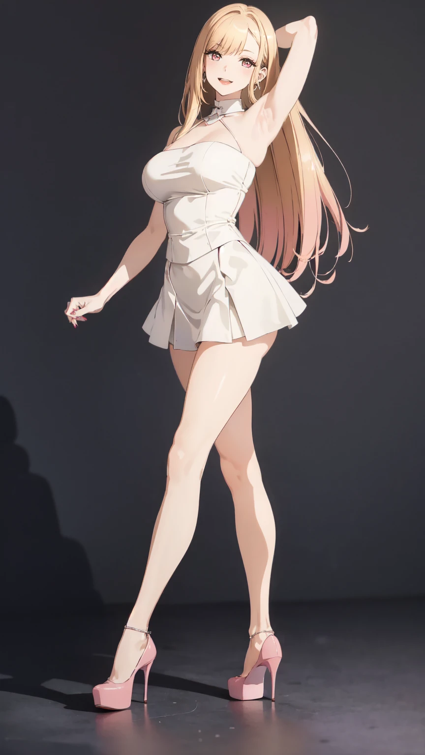 ((masterpiece, high resolution, better quality, better details)), ((Marin Kitagawa)), ((Smiling)), ((one girl)) a girl modeling standing, mini skirt, blouse, ((big neckline)), ((platform high heels)), pink eyes with black outline, (light blonde hair, straight hair, straight bangs, long hair)), long nails, pink nails, (((curvy body))), shiny skin, ((side view)), solo, bare shoulders, full body, focus full body, high heels, ((White background)),