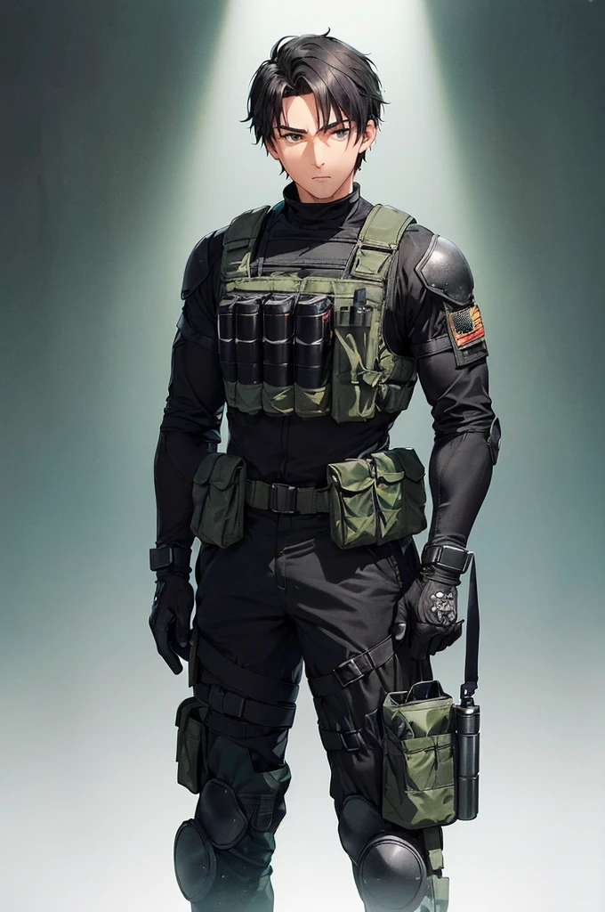 (masterpiece; best quality: 1.2), (finely detailed eyes: 1.3), ((25 year old man)), ((solo)), (dark green eyes: 1.4), (body; wiry, fit, masculine: 1.3), (short black hair: 1.3), (beautiful and clear background: 1.2), ((depth of field)), (equipment: spec ops full black tactical gear + black gloves + pouches: 1.3), (anime illustration: 1.2), (background composition; military base office: 1.1), (extremely fine and handsome: 1.1), (shot composition; standing + centered on torso + close-up: 1.5), (expression; calm, stoic: 1.2)