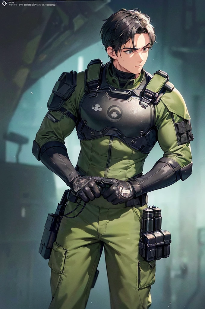 (masterpiece; best quality: 1.2), (finely detailed eyes: 1.3), ((25 year old man)), ((solo)), (dark green eyes: 1.4), (body; wiry, fit, masculine: 1.3), (short black hair: 1.3), (beautiful and clear background: 1.2), ((depth of field)), (equipment: spec ops full black tactical gear + black gloves + pouches: 1.3), (anime illustration: 1.2), (background composition; military base office: 1.1), (extremely fine and handsome: 1.1), (shot composition; standing + centered on torso + close-up: 1.5), (expression; calm, stoic: 1.2)