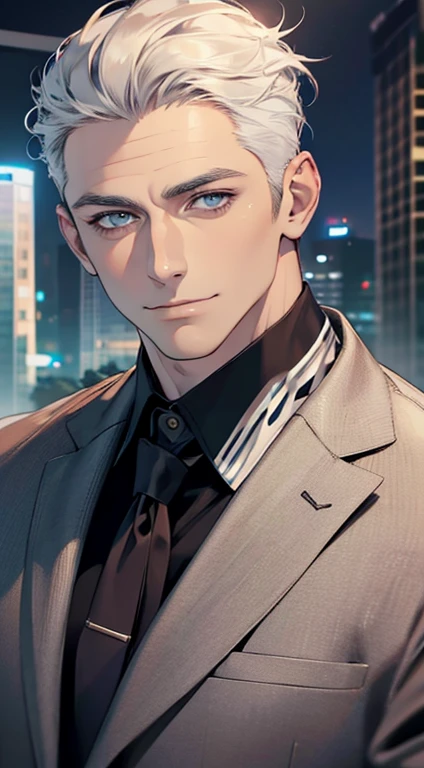(best quality,4k,8k,highres,masterpiece:1.2),ultra-detailed,(realistic,photorealistic,photo-realistic:1.37),1 man,31 years old,mature man,very handsome,without expression,smile,short grey white hair,blue eyes,penetrating gaze,perfect face without errors,imposing posture,businessman,office background,cinematic lighting,hdr image