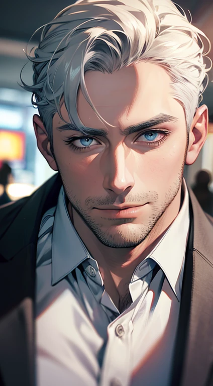 (best quality,4k,8k,highres,masterpiece:1.2),ultra-detailed,(realistic,photorealistic,photo-realistic:1.37),1 man,31 years old,mature man,very handsome,without expression,smile,short grey white hair,blue eyes,penetrating gaze,perfect face without errors,imposing posture,businessman,office background,cinematic lighting,hdr image