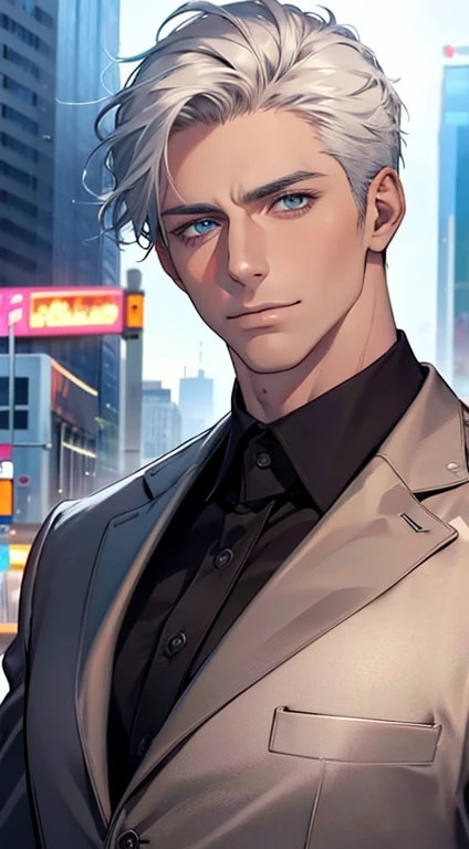 (best quality,4k,8k,highres,masterpiece:1.2),ultra-detailed,(realistic,photorealistic,photo-realistic:1.37),1 man,31 years old,mature man,very handsome,without expression,smile,short grey white hair,blue eyes,penetrating gaze,perfect face without errors,imposing posture,businessman,office background,cinematic lighting,hdr image