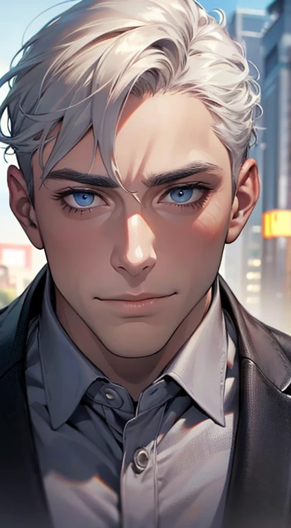 (best quality,4k,8k,highres,masterpiece:1.2),ultra-detailed,(realistic,photorealistic,photo-realistic:1.37),1 man,31 years old,mature man,very handsome,without expression,smile,short grey white hair,blue eyes,penetrating gaze,perfect face without errors,imposing posture,businessman,office background,cinematic lighting,hdr image