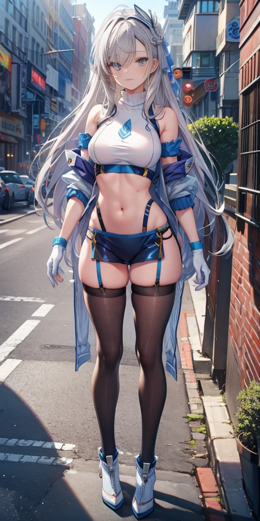 Shenhe V4, (Shen He wears a sweater),, stocking, (Solitary:1.1), (Mature woman:1.2), Pretty Face, (Delicate eyes), Symmetrical eyes, (Thin lips), (Long hair, Gray hair, Weaving, Hair covering one eye, Hair accessories), (Beautiful round breasts), Full body, Abdominal muscles, Bare belly, Slim waist, (masterpiece, Best quality), Soft ambient lighting, permanent, Front view, city street background, architecture, New York, Bright colors, sunny, Blue sky, Looking at the audience, Slim waist, HD, 8K, Bright colors, complex, (Abdominal musclesurdres:1.2), Vague_background, Bokeh, (Clear focus) ((Delicate face)), Facial details, (pov thigh)