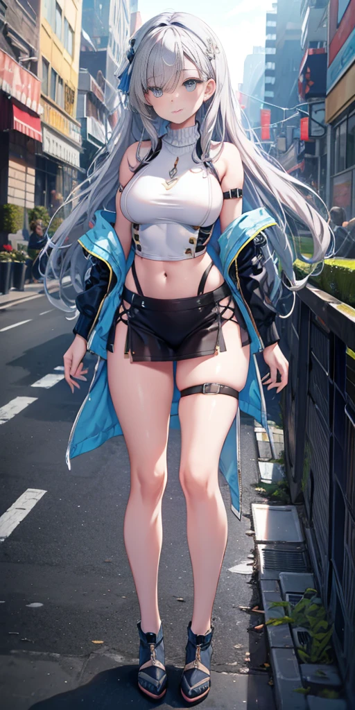 Shenhe V4, (Shen He wears a sweater),, stocking, (Solitary:1.1), (Mature woman:1.2), Pretty Face, (Delicate eyes), Symmetrical eyes, (Thin lips), (Long hair, Gray hair, Weaving, Hair covering one eye, Hair accessories), (Beautiful round breasts), Full body, Abdominal muscles, Bare belly, Slim waist, (masterpiece, Best quality), Soft ambient lighting, permanent, Front view, city street background, architecture, New York, Bright colors, sunny, Blue sky, Looking at the audience, Slim waist, HD, 8K, Bright colors, complex, (Abdominal musclesurdres:1.2), Vague_background, Bokeh, (Clear focus) ((Delicate face)), Facial details, (pov thigh)