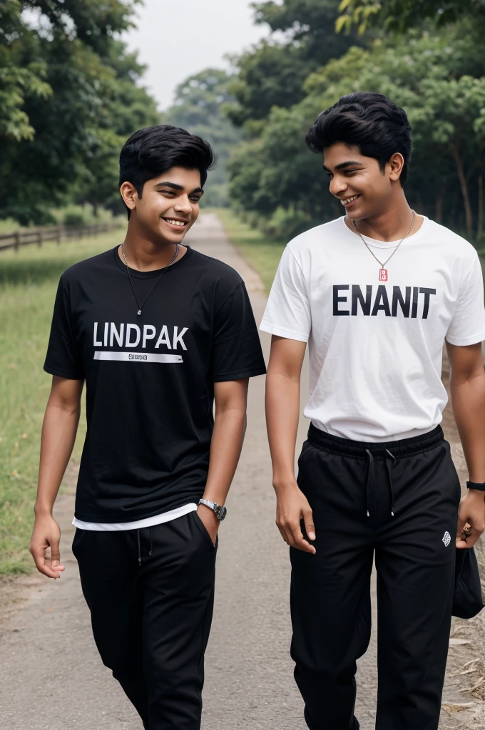 20 years old two indian boys walking on road, they are talking each other with laughing, first boy is wearing black T-shirt, with black pant, with name "Anuruddh" and second boy wearing White T-shirt on which Name "Ankit" is written, realistic image , 4k quality image. the words best friends written at top sky  , make sure name should be visible.