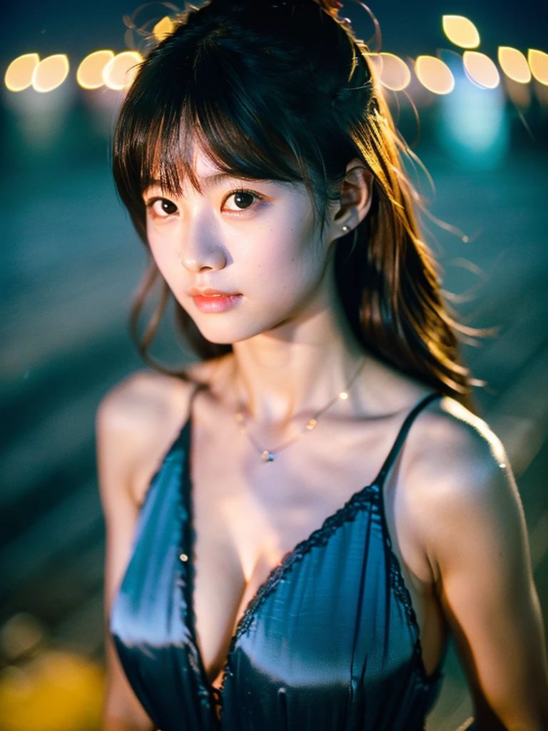 A very cute face like an idol、One 20-year-old woman with a youthful appearance、((leica 50 mm prime lens, cinestill 800T film))、(Cleavage)、(((Beautiful starry sky on the beach at night)))、((Very dim lighting))、((Don&#39;t expose your face to the light))、((Long-distance shot))、RAW Photos、Genuine、live-action、(Artistic Expression)、High resolution、masterpiece