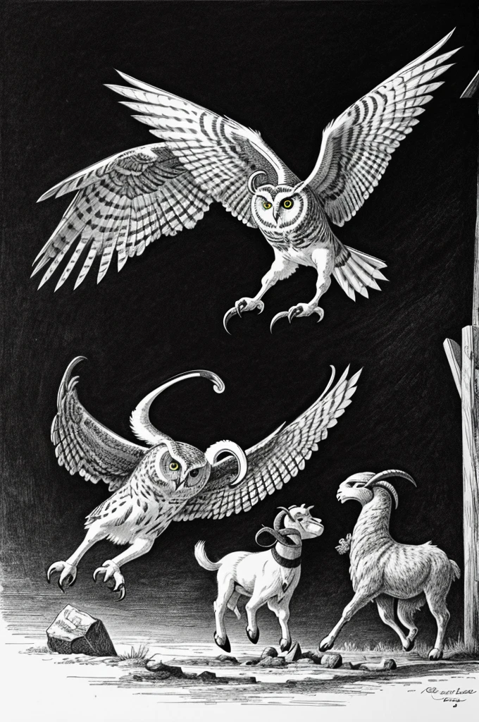 An owl fighting with a goat in black and white drawing style