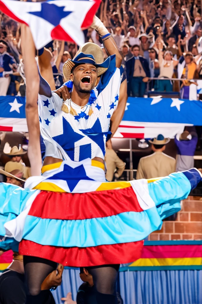 several cowboys back to back throwing their hats in the air celebrating in a cowntry party atmosphere