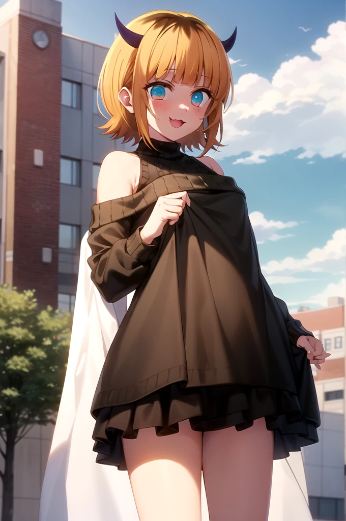 Best and highest quality, masterpiece, detailed,
memcho,
Open your mouth, A slight blush, :3, smile,
short hair, Blonde, Multicolored Hair, Aqua Eye, Blunt bangs, horn,
(Blue sweater:1.2), Black Shirt, Bare shoulders, Black Skirt, I tucked in my sweater.,
Are standing, Looking at the audience,
(Day:1.2), garden, Outdoor,

jacket lift
