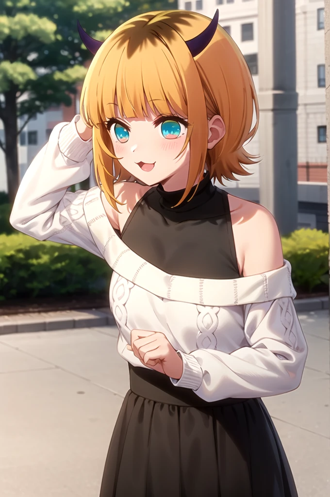 Best and highest quality, masterpiece, detailed,
memcho,
Open your mouth, A slight blush, :3, smile,
short hair, Blonde, Multicolored Hair, Aqua Eye, Blunt bangs, horn,
(Blue sweater:1.2), Black Shirt, Bare shoulders, Black Skirt, I tucked in my sweater.,
Are standing, Looking at the audience,
(Day:1.2), garden, Outdoor,

jacket lift
