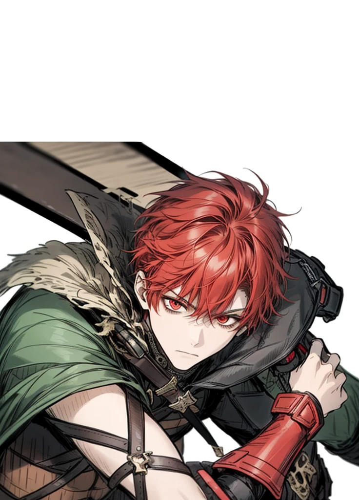 1boy ,red hair, red eyes , mercenary, leather suit, weapon, sfw, beautiful clothes , (masterpiece, best quality) ,serious, sword