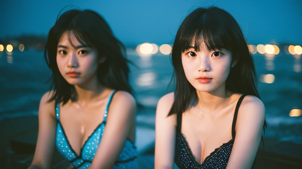 A very cute face like an idol、One 20-year-old woman with a youthful appearance、((leica 50 mm prime lens, cinestill 800T film))、(Cleavage)、(((Beautiful starry sky on the beach at night)))、((Very dim lighting))、((Don't expose your face to the light))、((Long-distance shot))、RAW Photos、Genuine、live-action、(Artistic Expression)、High resolution、masterpiece