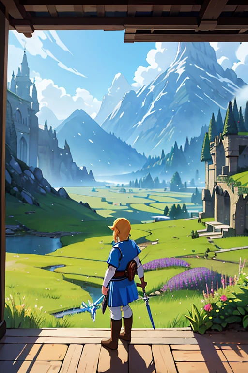 MONKS\(style\), Impressionism,Rainerism,The Legend of Zelda, Hero Link with the Master Sword in hand、A scene looking out over the land of Hyrule。In the background is a vast grassland and Death Mountain in the distance.、There&#39;s a bright light in the sky。Link looks brave.、Confident。