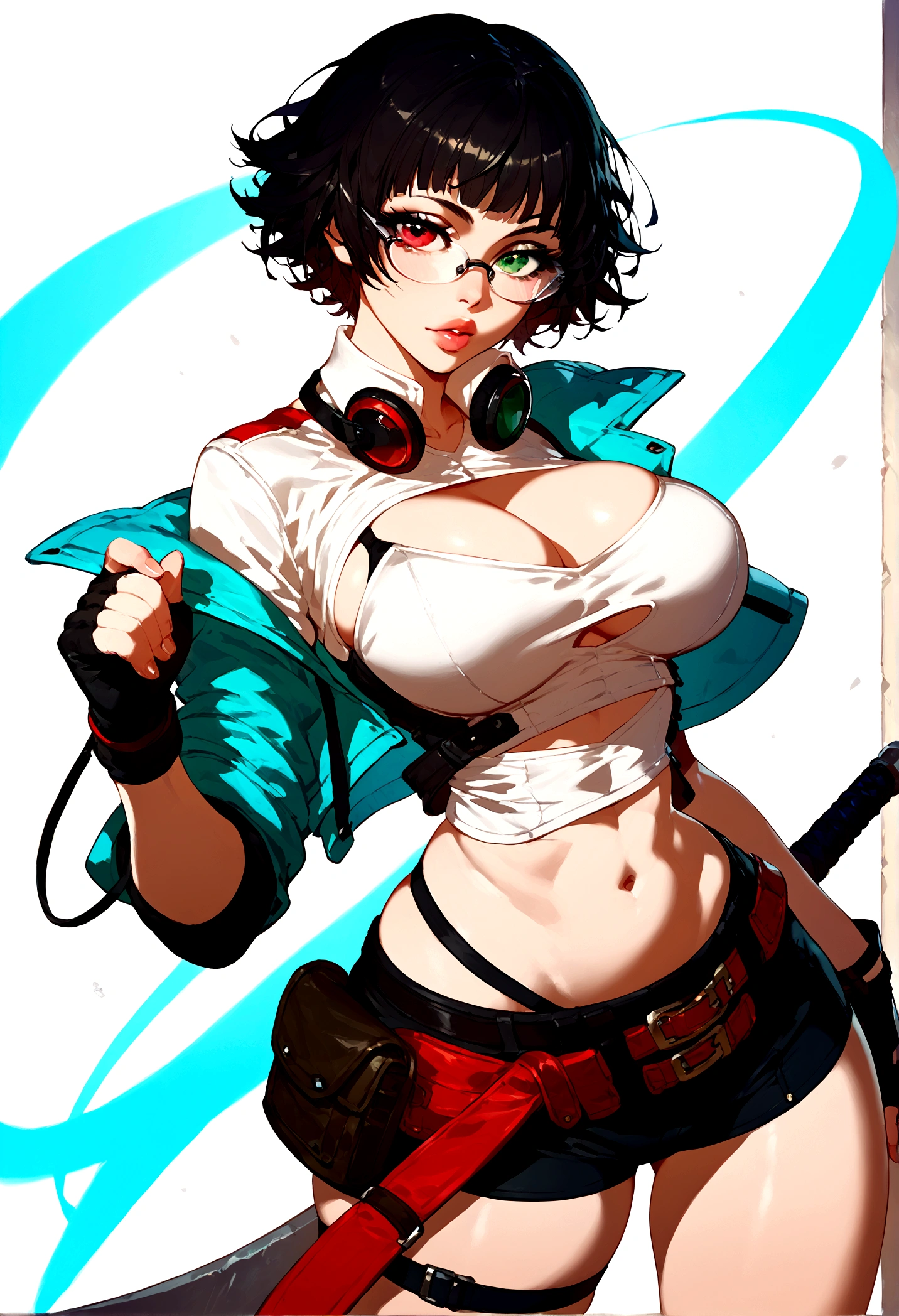 score_9, score_8_up, score_7_up, BREAK, 1girl, solo, big breasts, breasts, lips, LadyDMC5, cropped jacket, white shirt, fingerless gloves, eyewear around neck, thigh cutout, thigh gap, short hair heterochromia, green eyes, red eyes, black hair