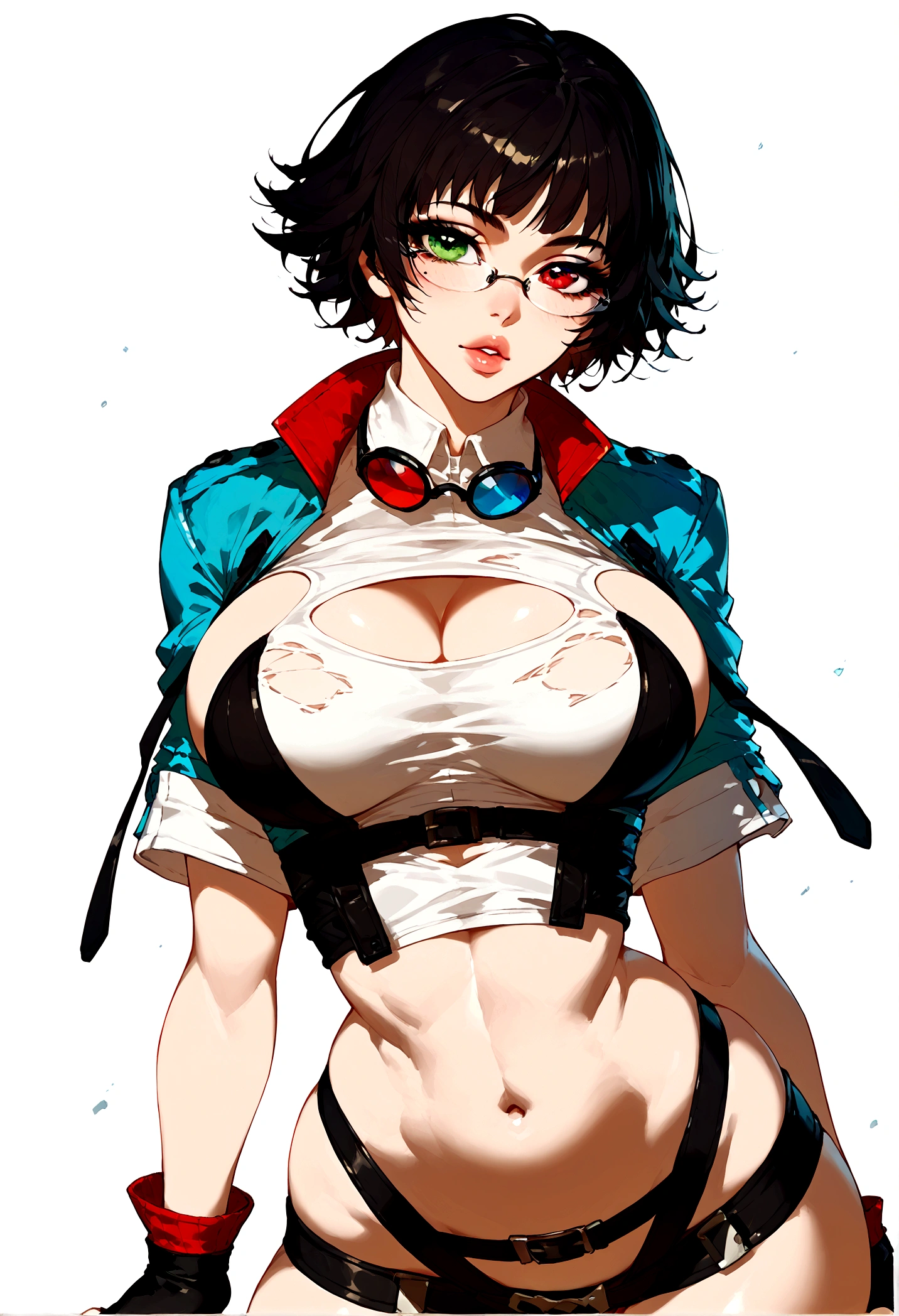 score_9, score_8_up, score_7_up, BREAK, 1girl, solo, big breasts, breasts, lips, LadyDMC5, cropped jacket, white shirt, fingerless gloves, eyewear around neck, thigh cutout, thigh gap, short hair heterochromia, green eyes, red eyes, black hair