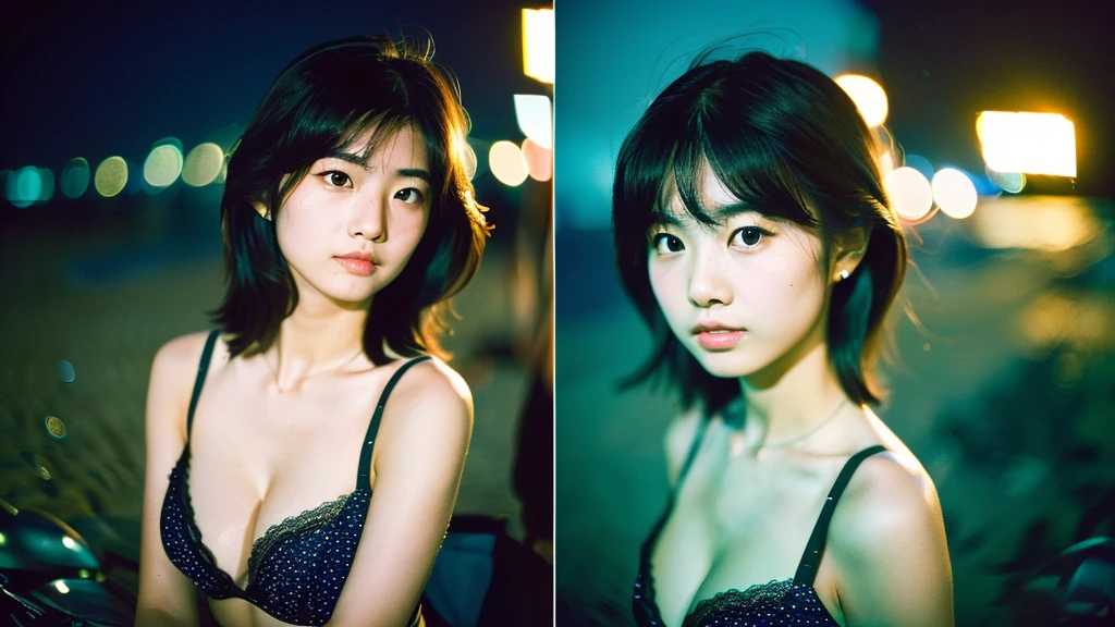 A very cute face like an idol、One 20-year-old woman with a youthful appearance、((leica 50 mm prime lens, cinestill 800T film))、(Cleavage)、(((Beautiful starry sky on the beach at night)))、((Very dim lighting))、((Don&#39;t expose your face to the light))、((Long-distance shot))、RAW Photos、Genuine、live-action、(Artistic Expression)、High resolution、masterpiece