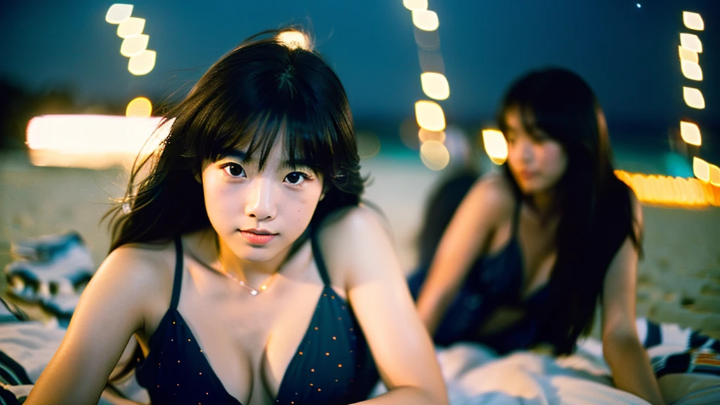 A very cute face like an idol、One 20-year-old woman with a youthful appearance、((leica 50 mm prime lens, cinestill 800T film))、(Cleavage)、(((Beautiful starry sky on the beach at night)))、((Very dim lighting))、((Don&#39;t expose your face to the light))、((Long-distance shot))、RAW Photos、Genuine、live-action、(Artistic Expression)、High resolution、masterpiece