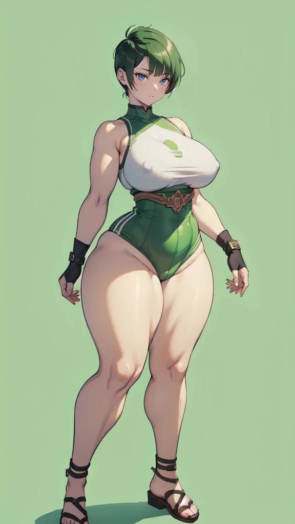 (masterpiece), best quality, female warrior, huge girl, female muscular:1.2, ((very short hair:1.6)), green hair, big breast, (curvy:1.6), (((blank background))), ((full body)), fingerless gloves, sandals, sleeveless, covered nipples, tshirt top, shaved hair, (buzzcut hairstyle), white socks