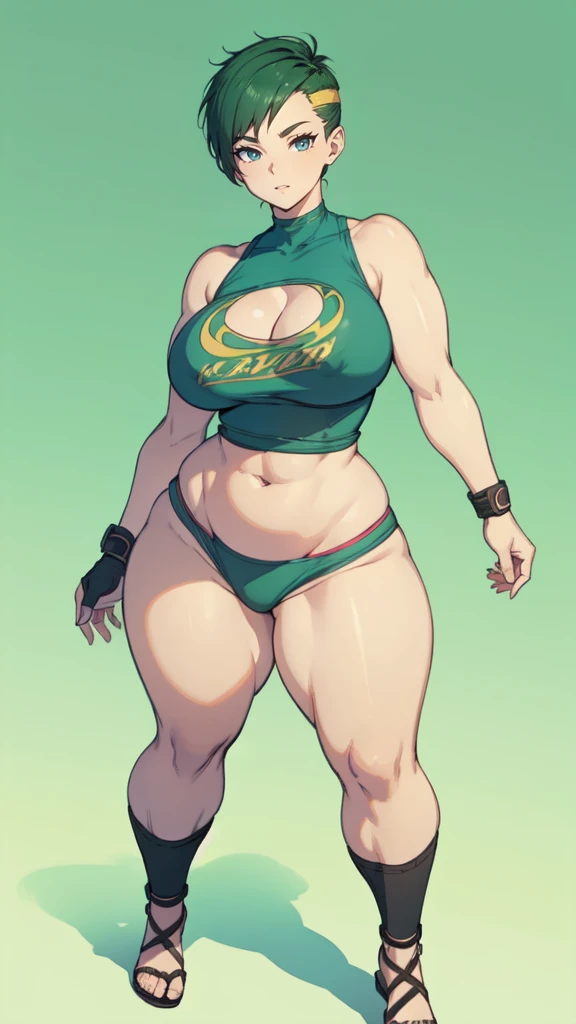 (masterpiece), best quality, female warrior, huge girl, female muscular:1.2, ((very short hair:1.6)), green hair, big breast, (curvy:1.6), (((blank background))), ((full body)), fingerless gloves, sandals, sleeveless, covered nipples, tshirt top, shaved hair, (buzzcut hairstyle), white socks