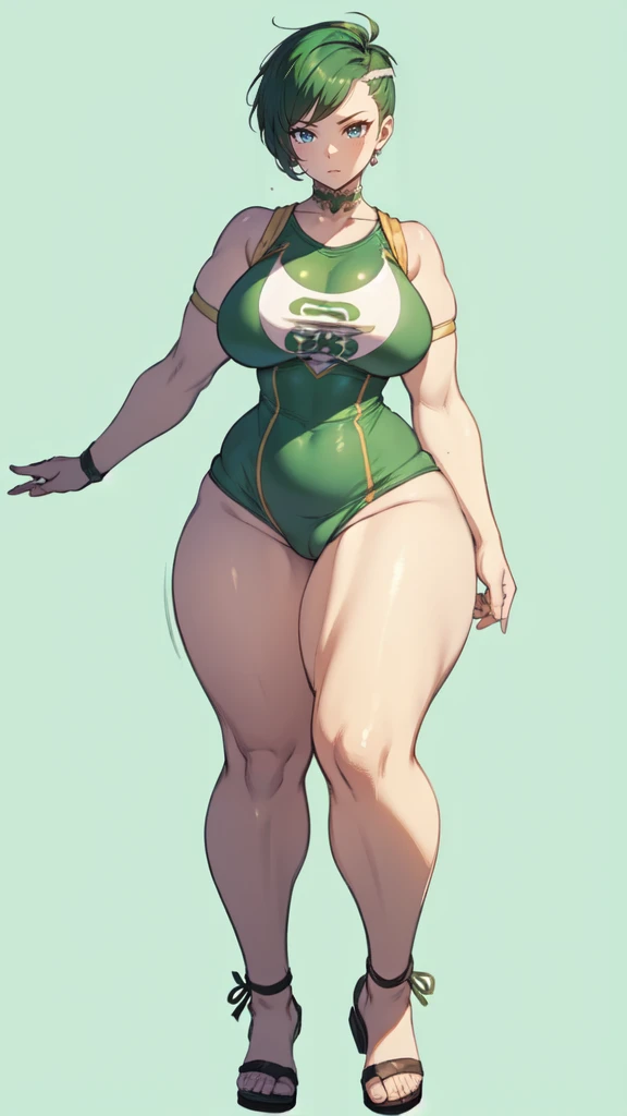 (masterpiece), best quality, female warrior, huge girl, female muscular:1.2, ((very short hair:1.6)), green hair, big breast, (curvy:1.6), (((blank background))), ((full body)), fingerless gloves, sandals, sleeveless, covered nipples, tshirt top, shaved hair, (buzzcut hairstyle), white socks
