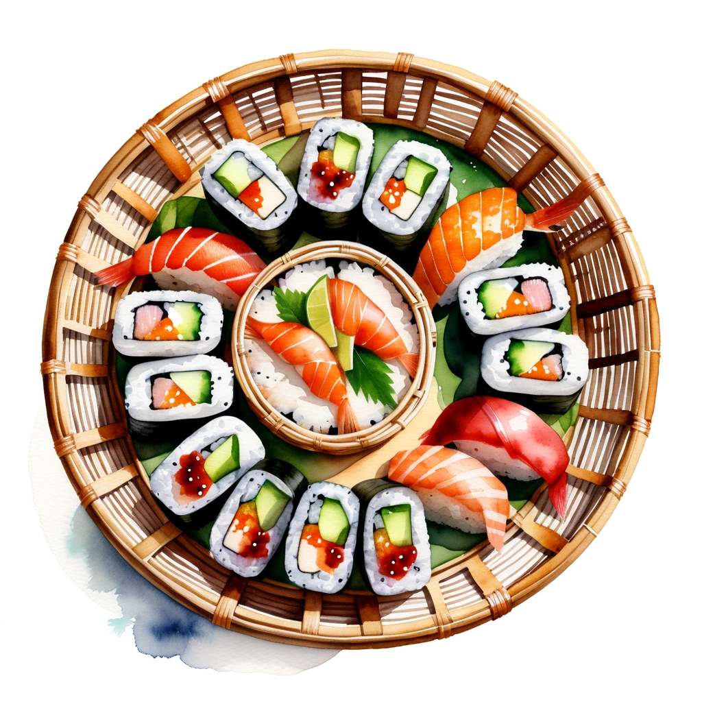 there is delicious sushi, served in a circular bamboo basket, (watercolor), illustration, isolated with solid white background, surrounded with negative space, centered compositon, 8k, highly detailed painting, very precise painting, Isolated, clear brilliant white background, perspective angle of view