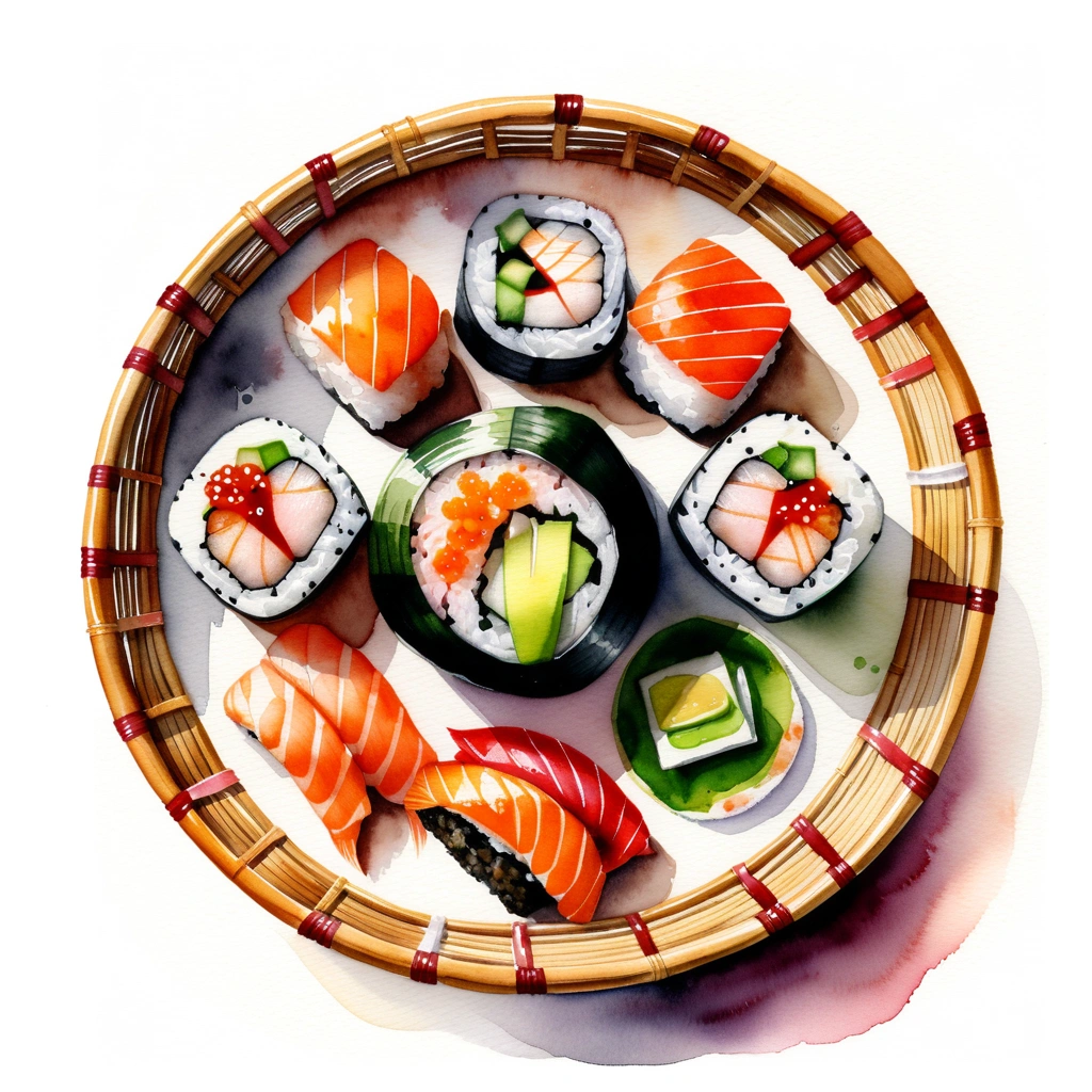 there is delicious sushi, served in a circular bamboo basket, (watercolor), illustration, isolated with solid white background, surrounded with negative space, centered compositon, 8k, highly detailed painting, very precise painting, Isolated, clear brilliant white background, perspective angle of view