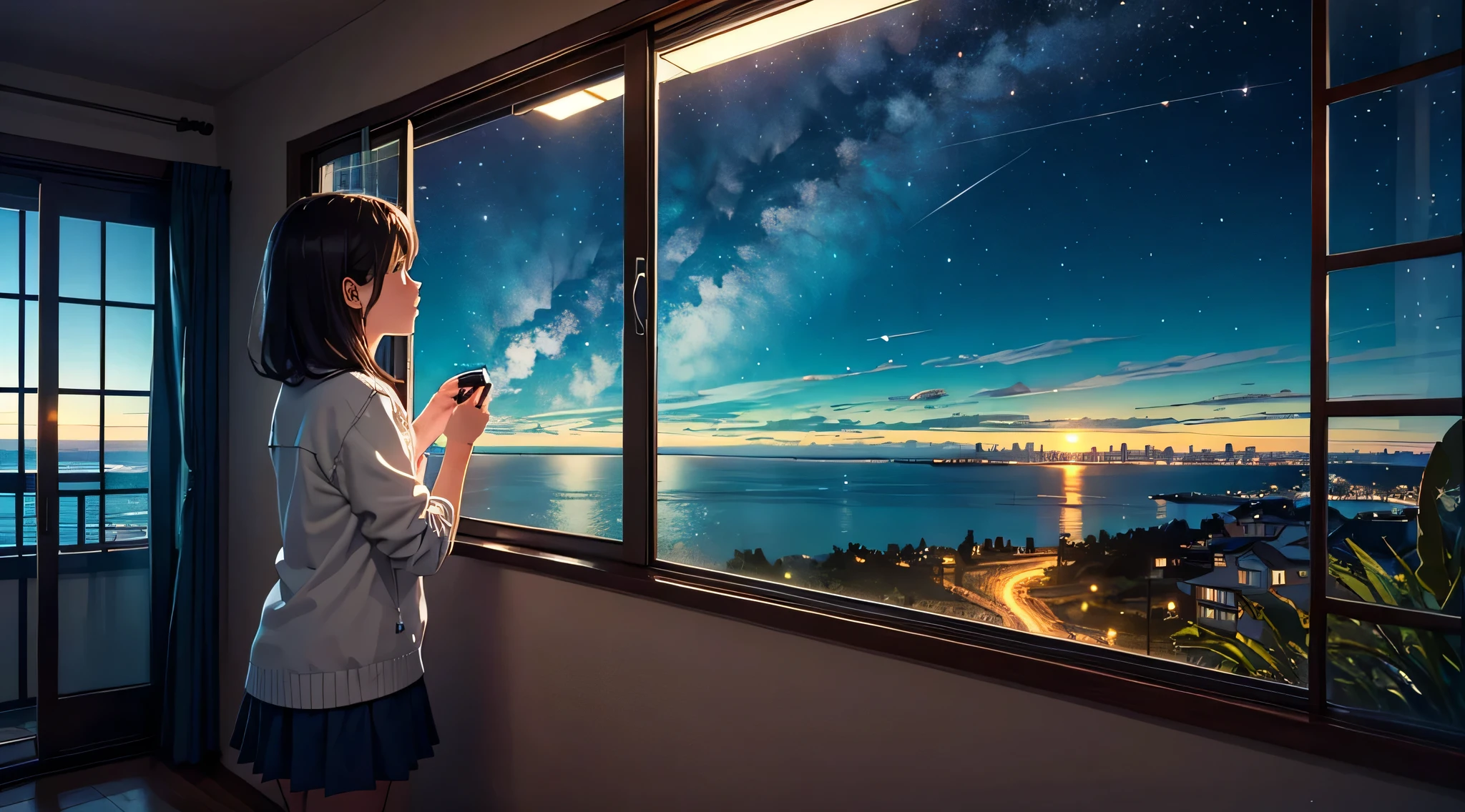 1 girl, A room with a view of the starry sky and the sea through the window