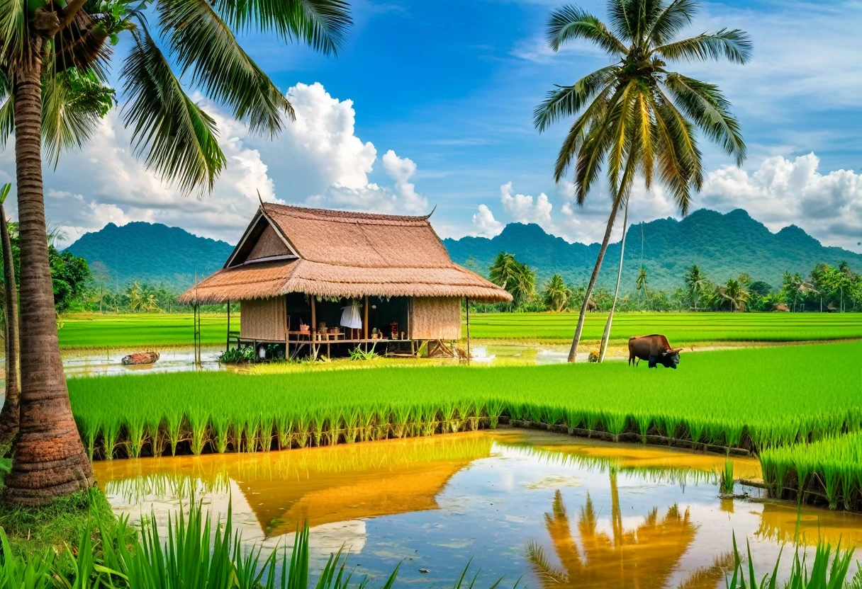 Atmosphere of a Thai rural house, year 1950, thatched roof house A green rice field with a buffalo in a puddle of water. farmer sitting fishing View behind a coconut tree, picture taken at 7 a.m., oil painting on canvas, HDR Ultra Reality, 16K