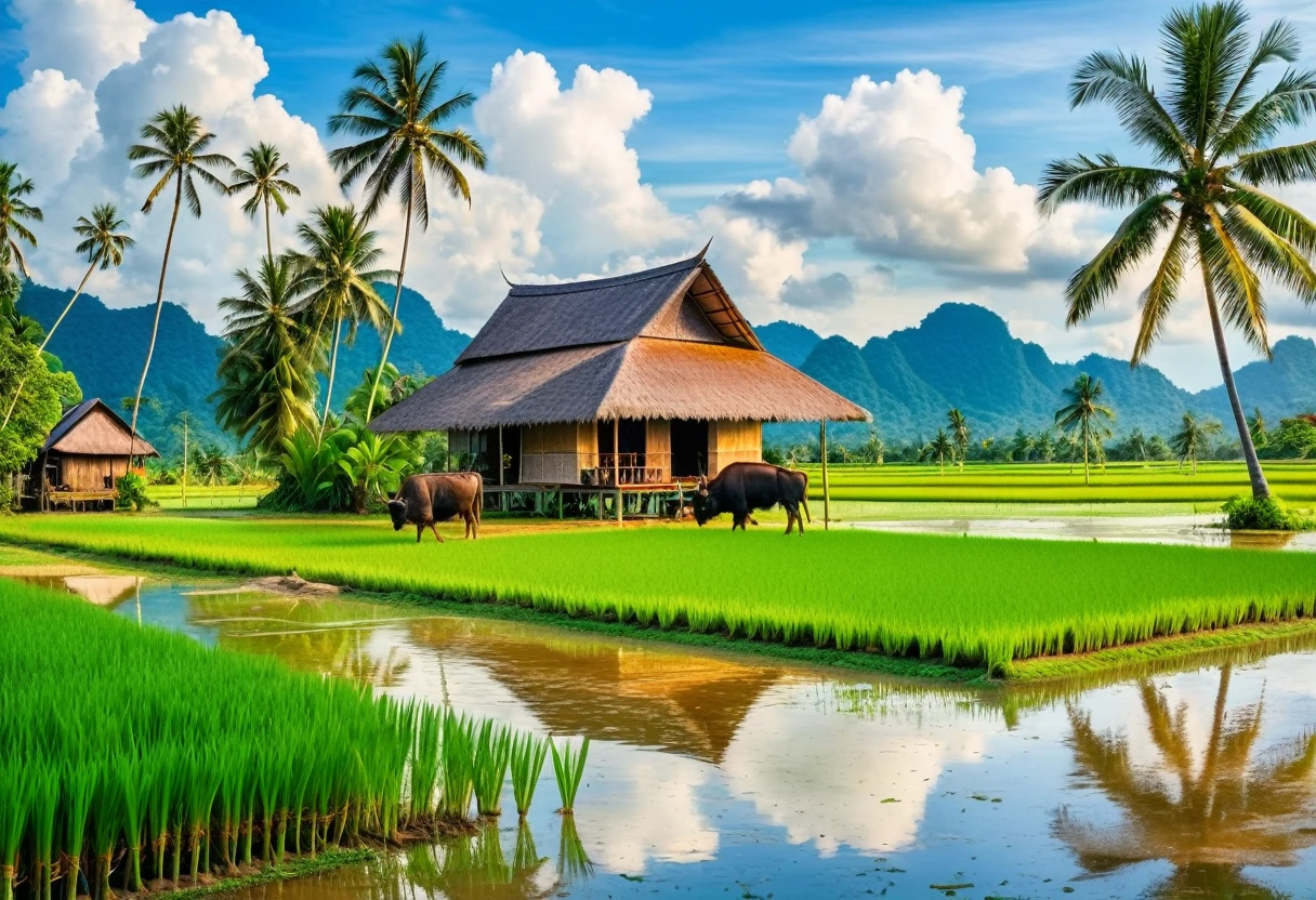 Atmosphere of a Thai rural house, year 1950, thatched roof house A green rice field with a buffalo in a puddle of water. farmer sitting fishing View behind a coconut tree, picture taken at 7 a.m., oil painting on canvas, HDR Ultra Reality, 16K