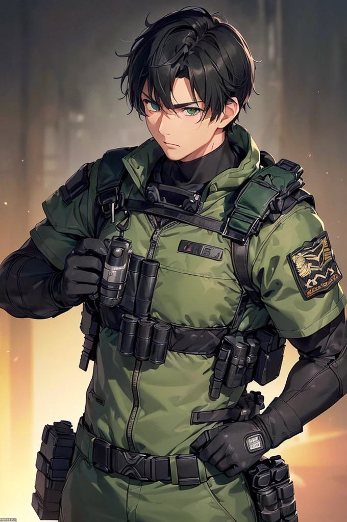 (masterpiece; best quality: 1.2), (finely detailed eyes: 1.3), ((25 year old man)), ((solo)), (dark green eyes: 1.4), (body; wiry, fit, masculine: 1.3), (short black hair: 1.3), (beautiful and clear background: 1.2), ((depth of field)), (equipment: spec ops full black tactical gear + black gloves + pouches: 1.3), (anime illustration: 1.2), (background composition; military base office: 1.1), (extremely fine and handsome: 1.1), (shot composition; standing + centered on torso + close-up: 1.5), (expression; calm, stoic: 1.2)