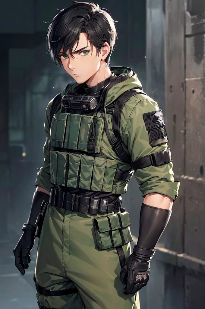 (masterpiece; best quality: 1.2), (finely detailed eyes: 1.3), ((25 year old man)), ((solo)), (dark green eyes: 1.4), (body; wiry, fit, masculine: 1.3), (short black hair: 1.3), (beautiful and clear background: 1.2), ((depth of field)), (equipment: spec ops full black tactical gear + black gloves + pouches: 1.3), (anime illustration: 1.2), (background composition; military base office: 1.1), (extremely fine and handsome: 1.1), (shot composition; standing + centered on torso + close-up: 1.5), (expression; calm, stoic: 1.2)