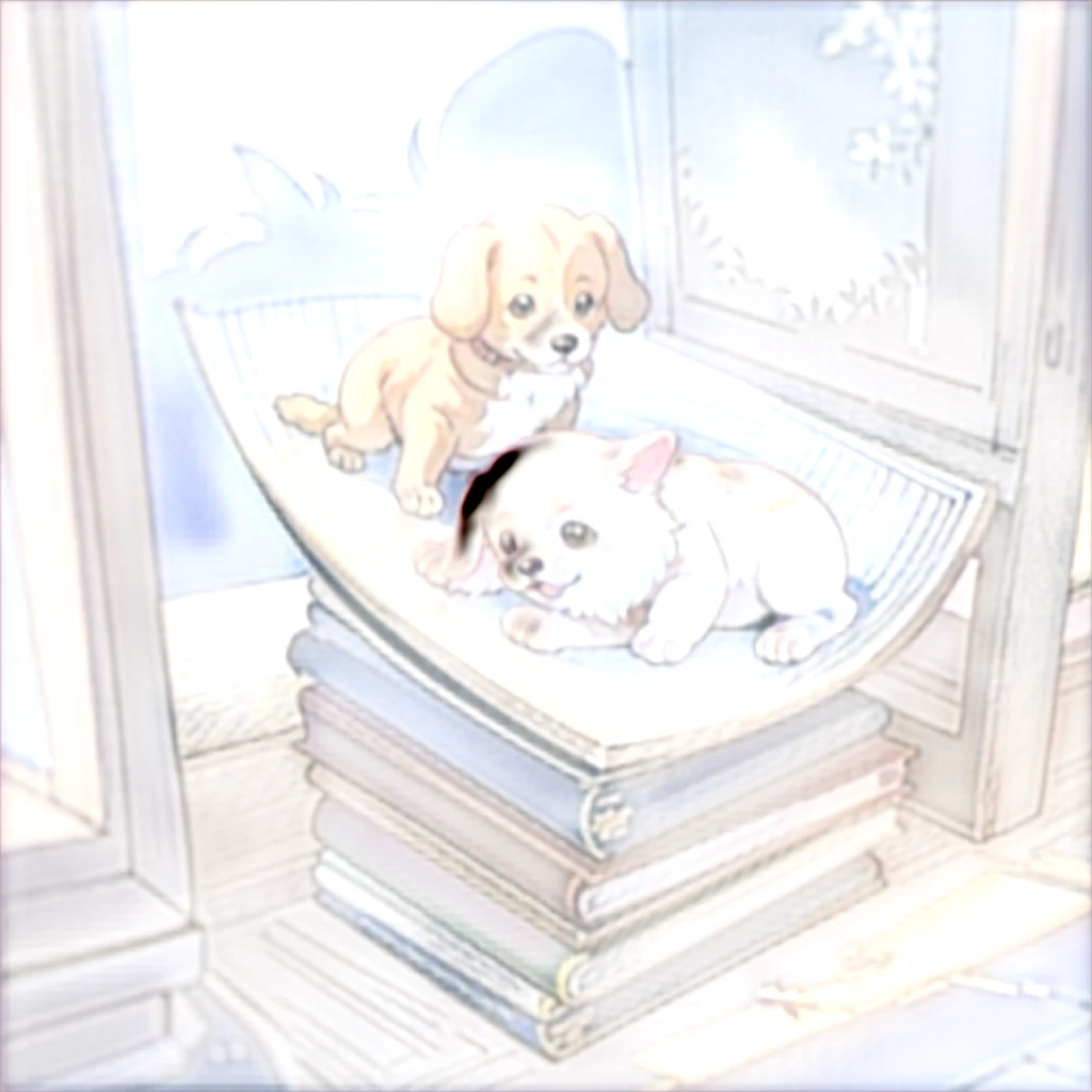 An illustration of a cute dog encountering a mysterious book, with a picture book-like watercolor touch.