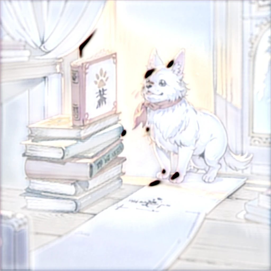 An illustration of a cute dog encountering a mysterious book, with a picture book-like watercolor touch.