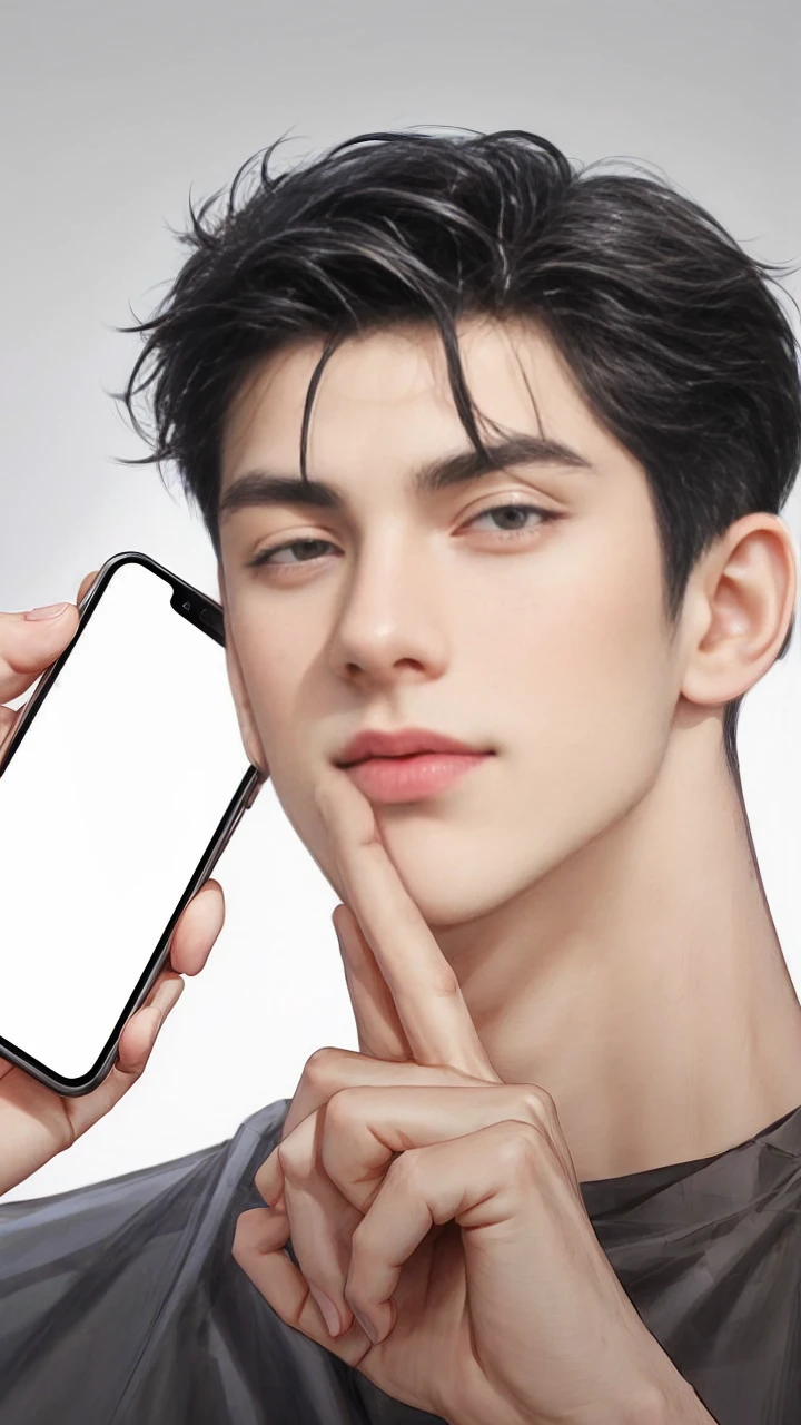 masterpiece, 1boy, adult, handsome, black hair, undercut hair, perfect face, detailed eyes and face, black eyes, clean shaved, muscular, capturing a rural atmosphere, dynamic lighting, unreal engine 5, hd picture, hold the cellphone