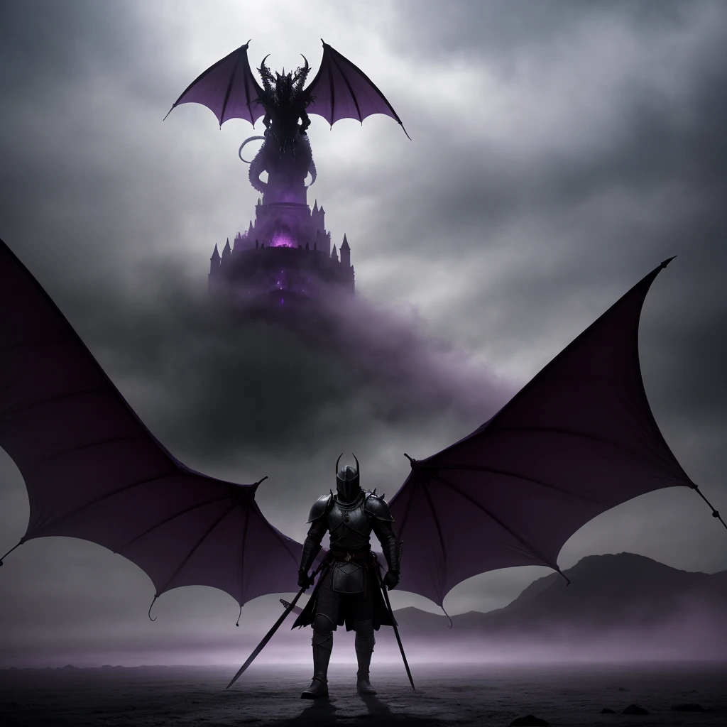 In a desolate and gloomy place full of purple fog, the silhouette of a knight carrying a sword appears, in front of a creature with black scales and beautiful purple eyes, the creature resembles a dragon from a movie from the 70s.