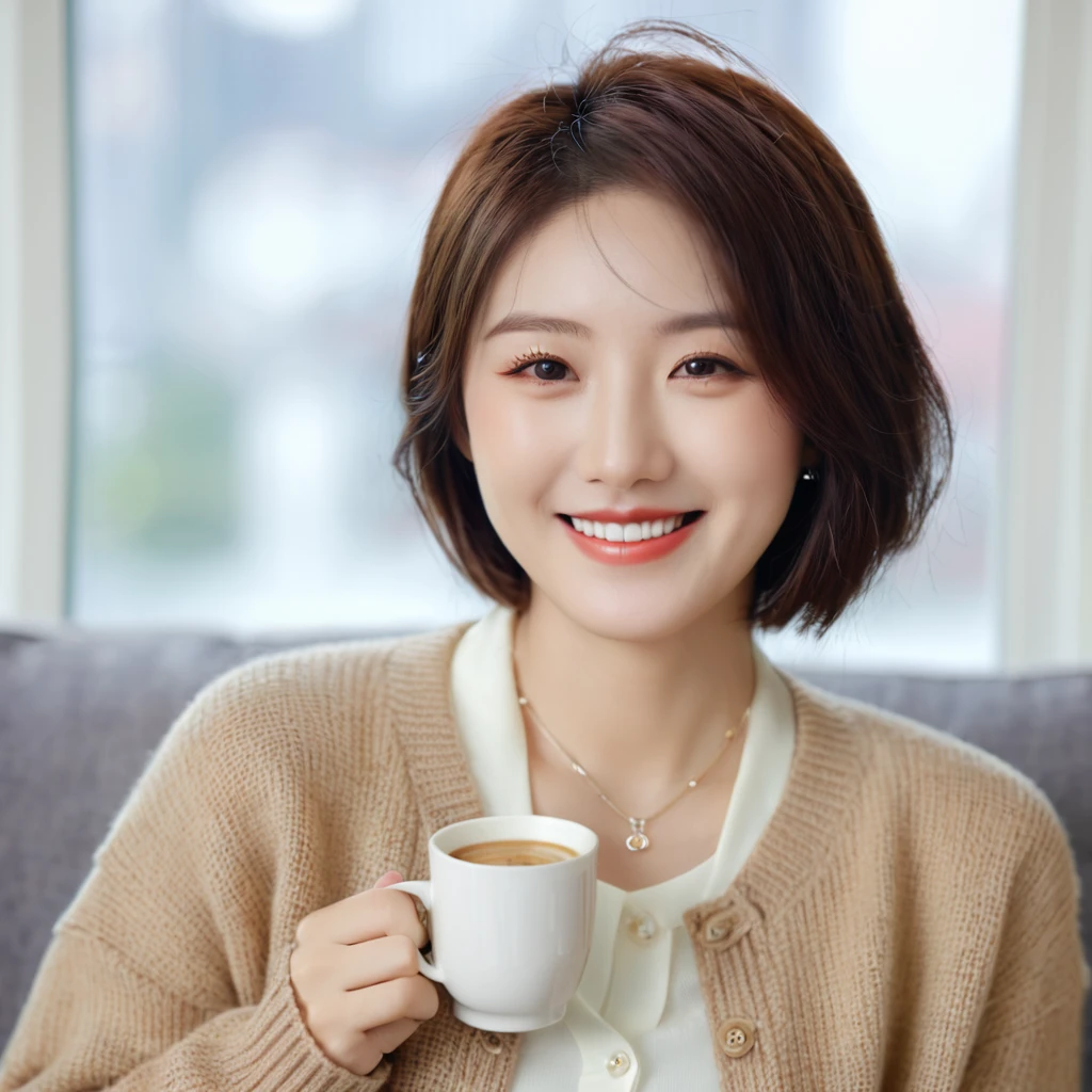 Close up of beautiful Korean woman, 32 inch chest size, Wearing a cardigan with a blouse, short medium hair, smile. necklace, sit on the sofa and drink coffee, porcelain coffee cup, bokeh background, uhd