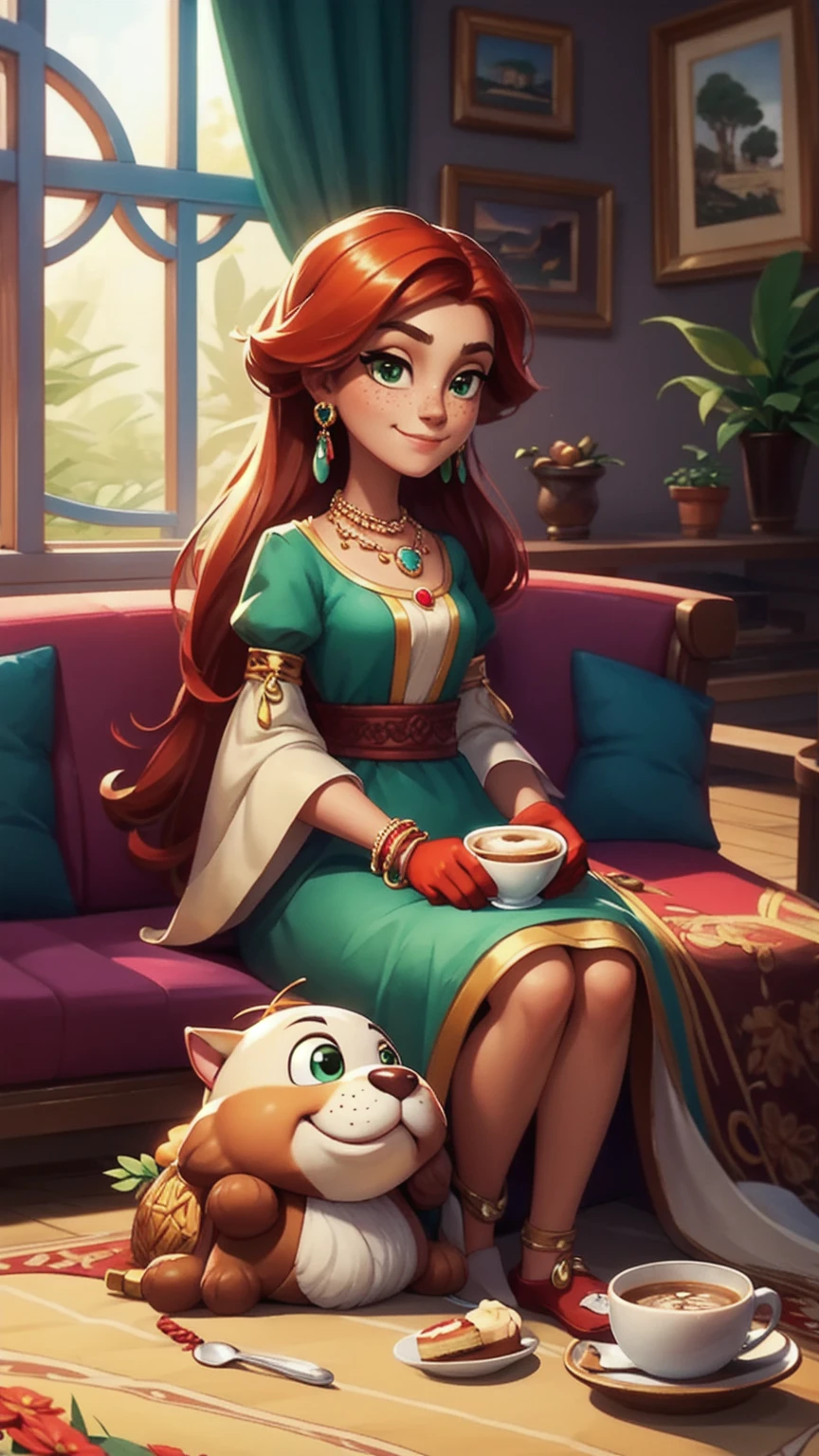 Concept Art,character illustration of a,European and American cartoons,（whole body：1.5），Mid-Long View，carpet，（Puppy lying on the floor），shoe，一个20岁的金发女生悠闲的sit在living room，Holding a cup of coffee，A laid-back expression，Relax，Leisure，European and American cartoons，1 Girl,freckle,Solitary,Jewelry,Green Eyes,Weaving,earrings,twin Weavings,necklace,Looking at the audience,Red hair,plant,Puff sleeves,bracelet,Smile,Long hair,puffy short sleeve,Necklace,dress，flower，Coffee cup，Gloves，earrings，Jewelry，肘部Gloves，cup，sit，sofa，window，cake，小cake，sofa，living room，solo